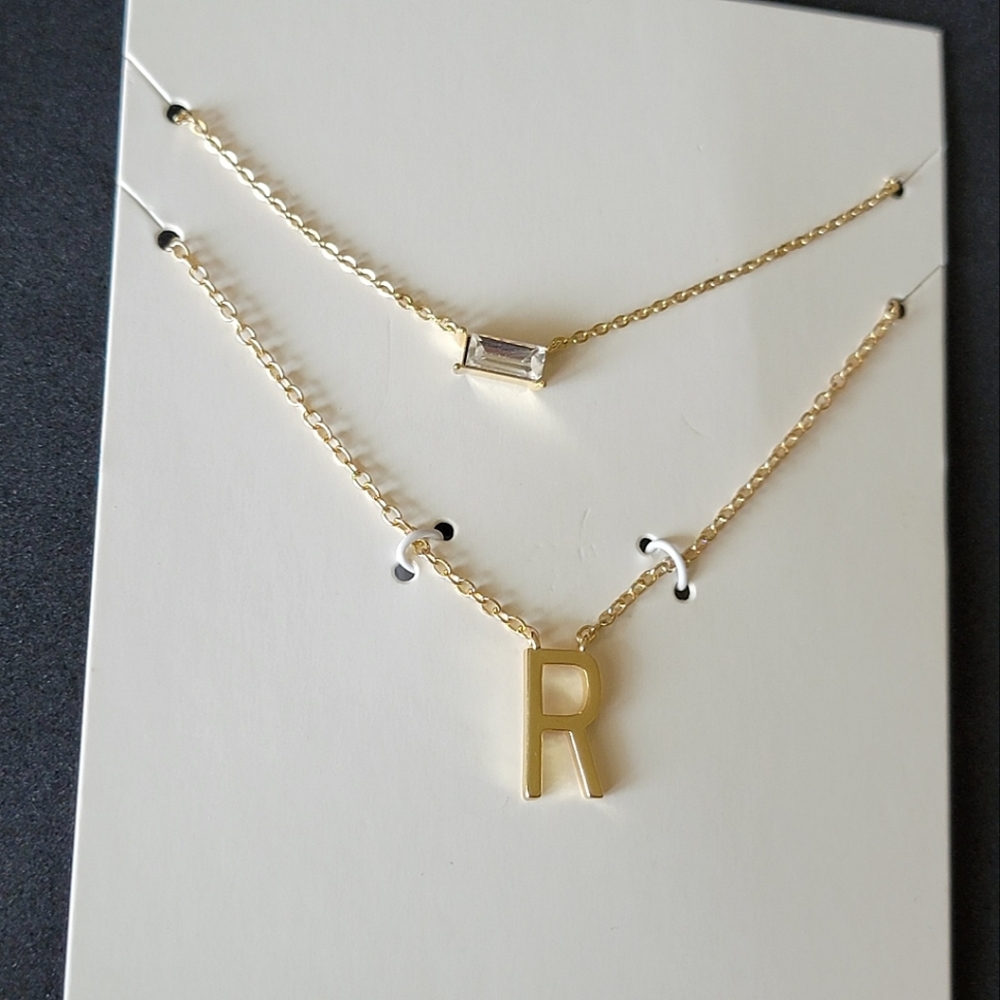 2-piece Necklace Set Gold Tone Initial Letter "R" and Rhinestone Baguette - Picture 2 of 5